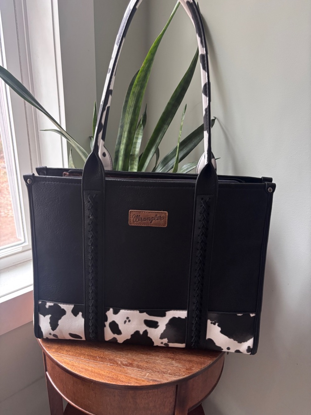 Wrangler Black Tote with Black-and-White Cow Print Trim